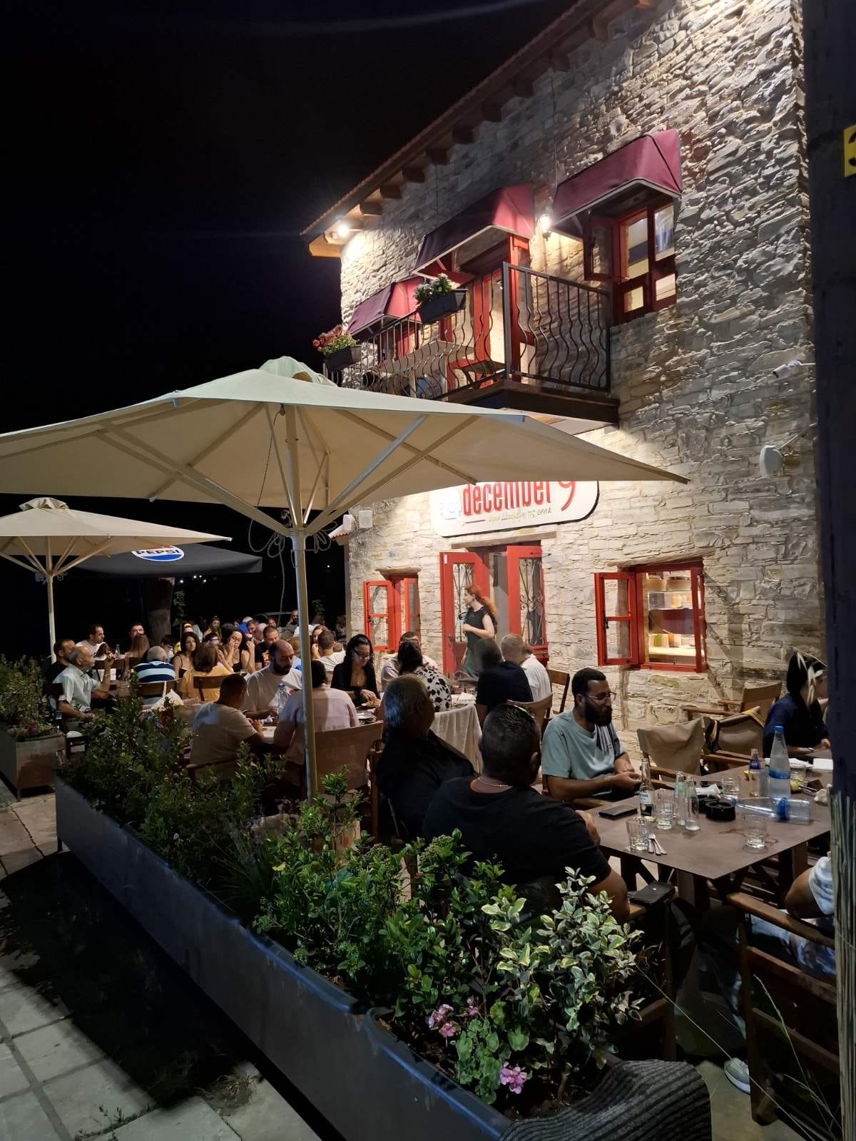 Terrace seating under umbrellas at December9 Agia Anna
